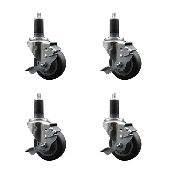 3.5'' Thermoplastic Rubber Swivel 1-1/4'' Expanding Stem Caster Set with Brake, 4PK